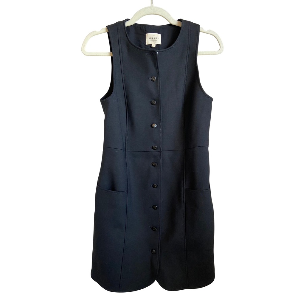 Sezane Wool Blend Button Front Sleeveless Mini Dress Pockets 34
